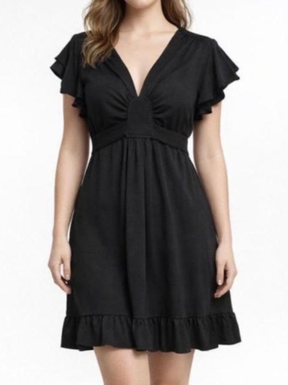 Vintage 70s Black Dress V Neck Empire Waist Ruffle Sleeve and Hem Size Small USA